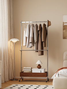 2025新款 衣帽架 轻奢中古风不锈钢实木挂衣架可移动家用卧室落地式