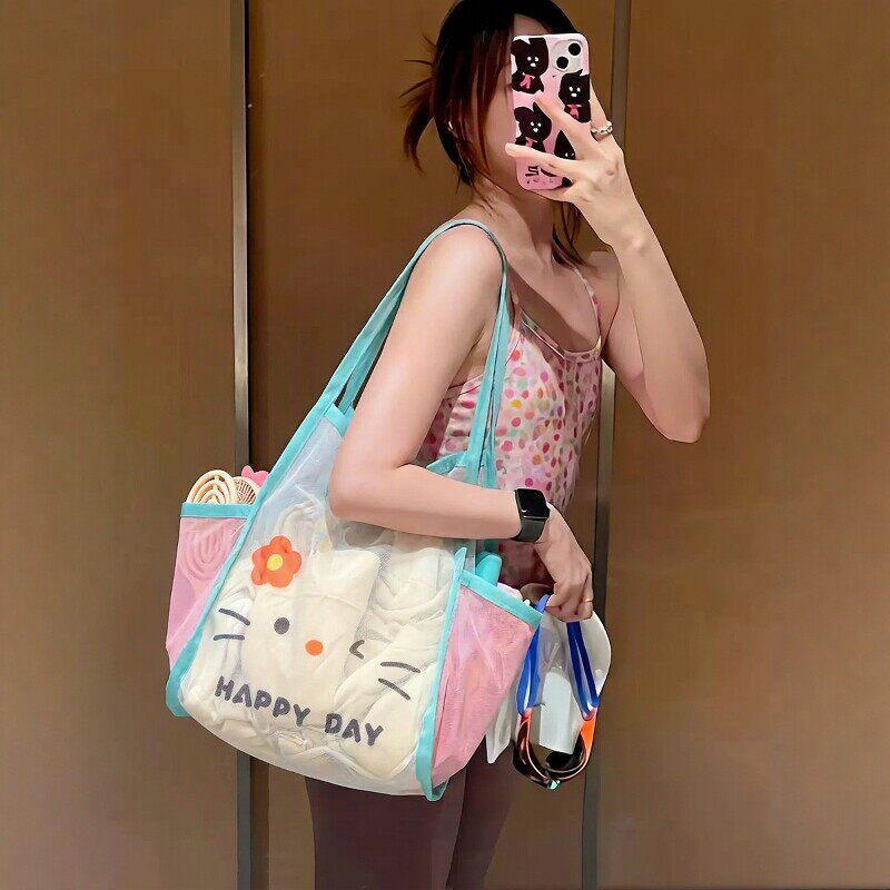 游泳收纳包大容量网格游泳包可携式运动健身包女生沙滩包可爱手提