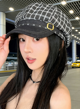 复古格纹八角帽子女春季新款英伦风金属扣大头围洋气时髦画家帽潮