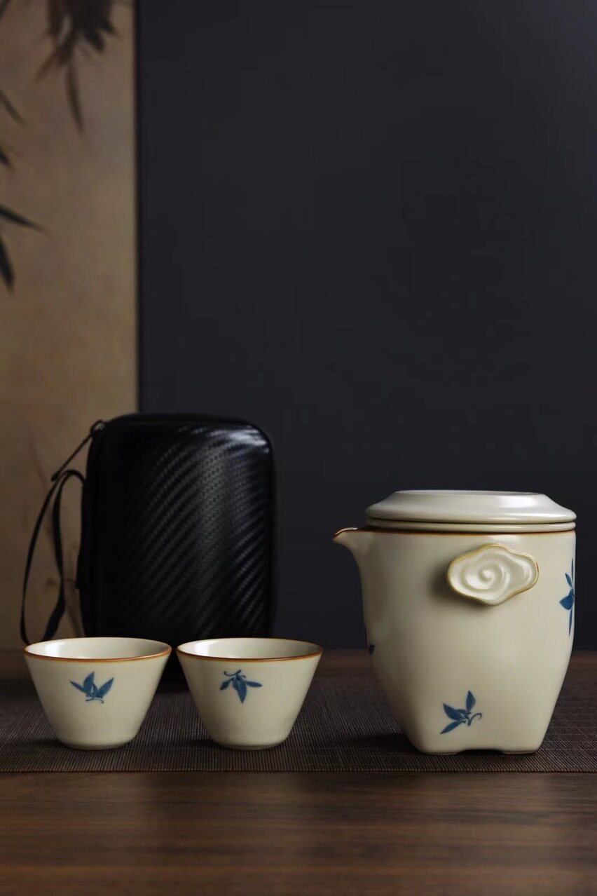 汝窑旅行茶具套装家用泡茶便携式户外露营喝茶随身快客杯一壶两杯