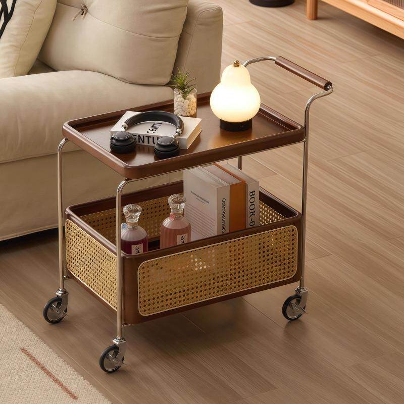 中古风流年小推车收纳实木边几客厅沙发藤编置物柜可移动边柜茶几