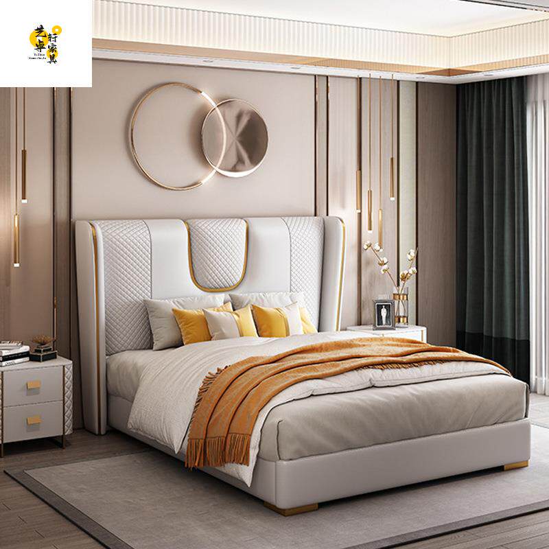实木双人婚床意式轻奢别墅样板房家具主卧真皮床设计师框架软体床
