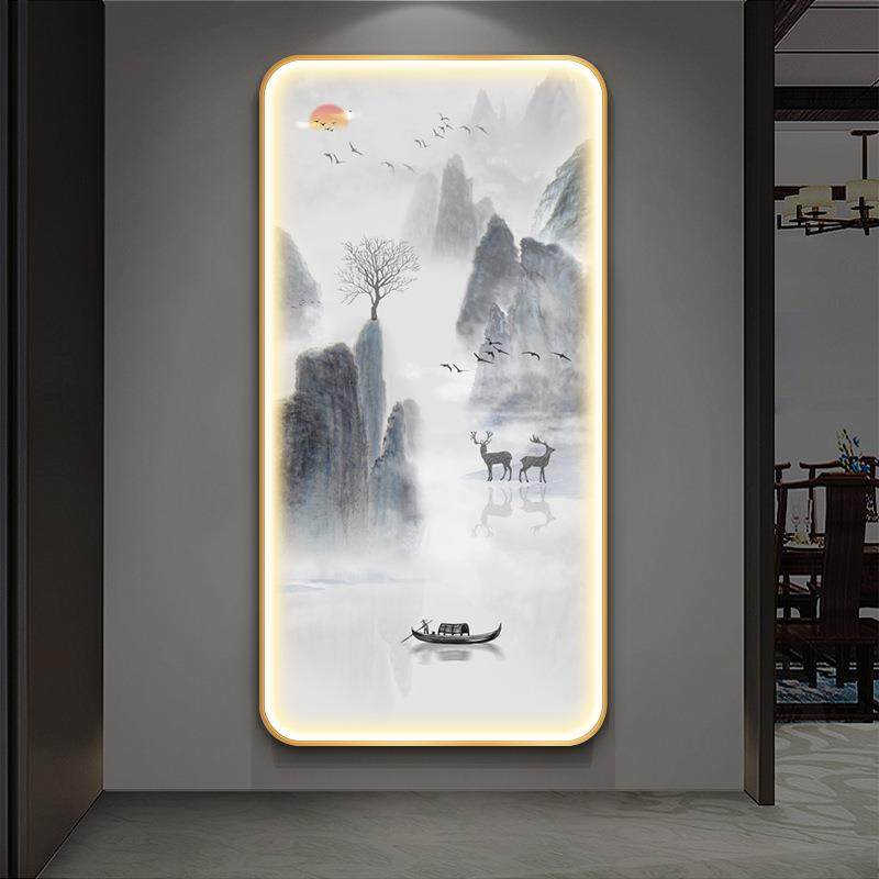 2F入户发光带灯壁画过道玄关装饰画走廊竖版新中式客厅落地挂画