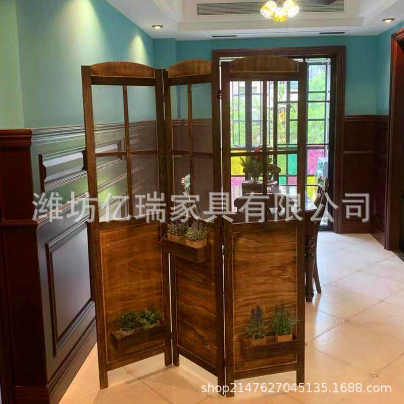 做旧木质实木花盒屏风折叠隔断花架橱窗服装店背景收纳复古做旧