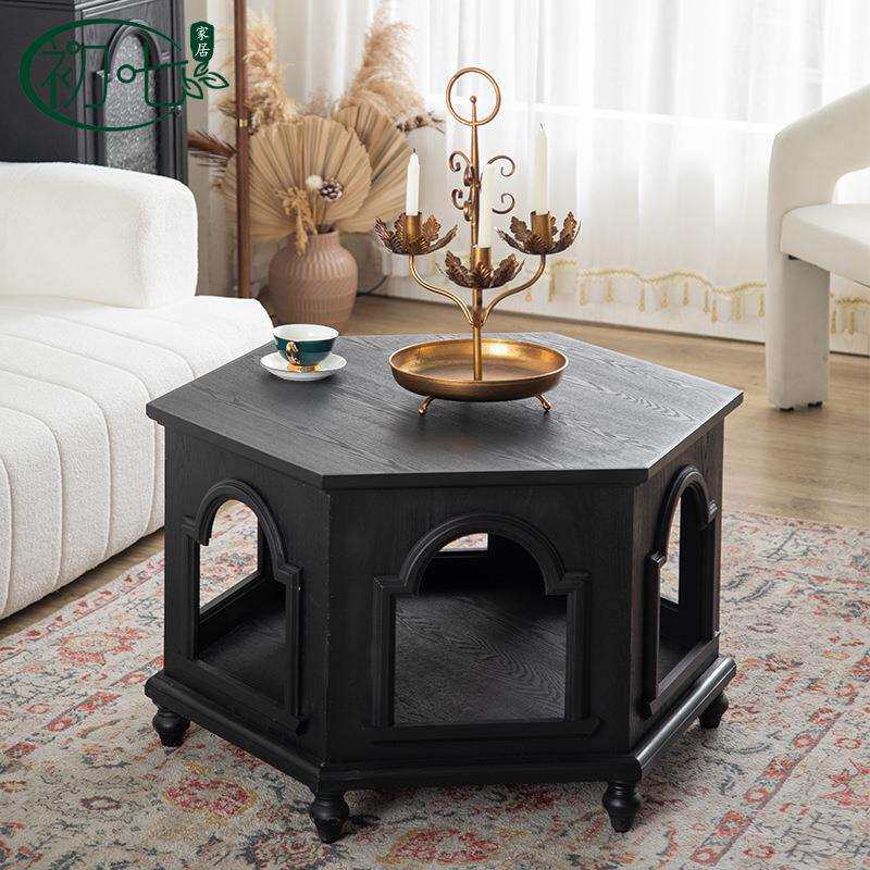 欧式宫廷风实木茶桌水曲柳木纹小户型茶几民宿下午茶多边形边几桌