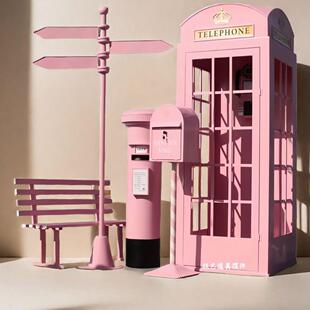 复古电话亭加油机铁艺模型邮筒网红店摆件指示牌路牌大型拍摄道具