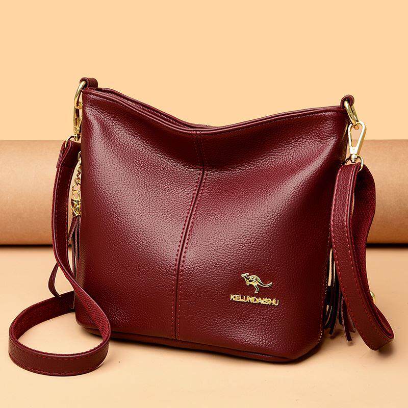 凯蒂袋鼠真皮牛皮女包包水桶包2023新款中年妈妈包软皮单肩斜挎包