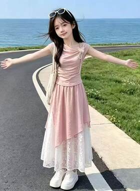 2026中大儿童甜美风上衣裙子两件套女童夏季清新薄荷绿短袖套装裙