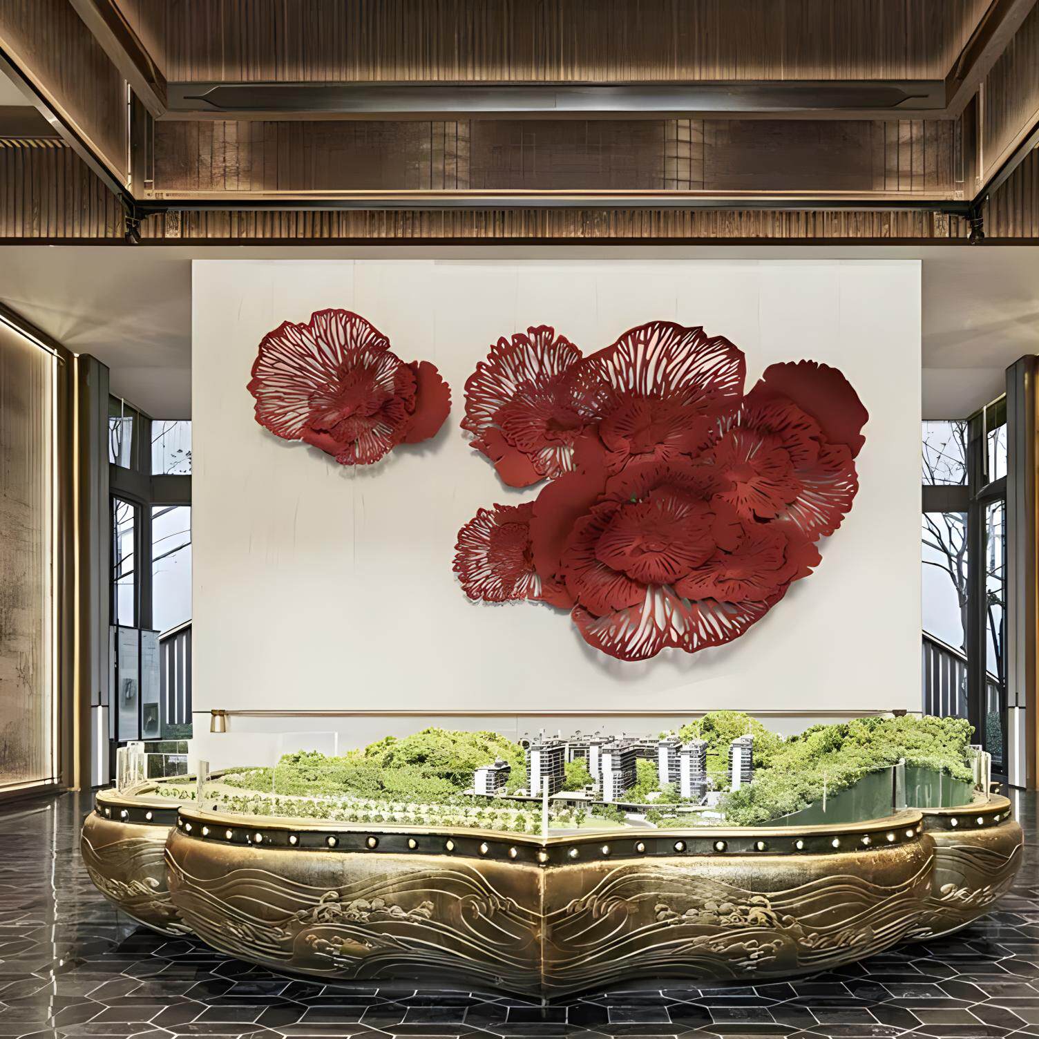 中式铁艺壁饰玫瑰花挂件装饰酒店大堂客厅商务大型花朵墙饰工艺品