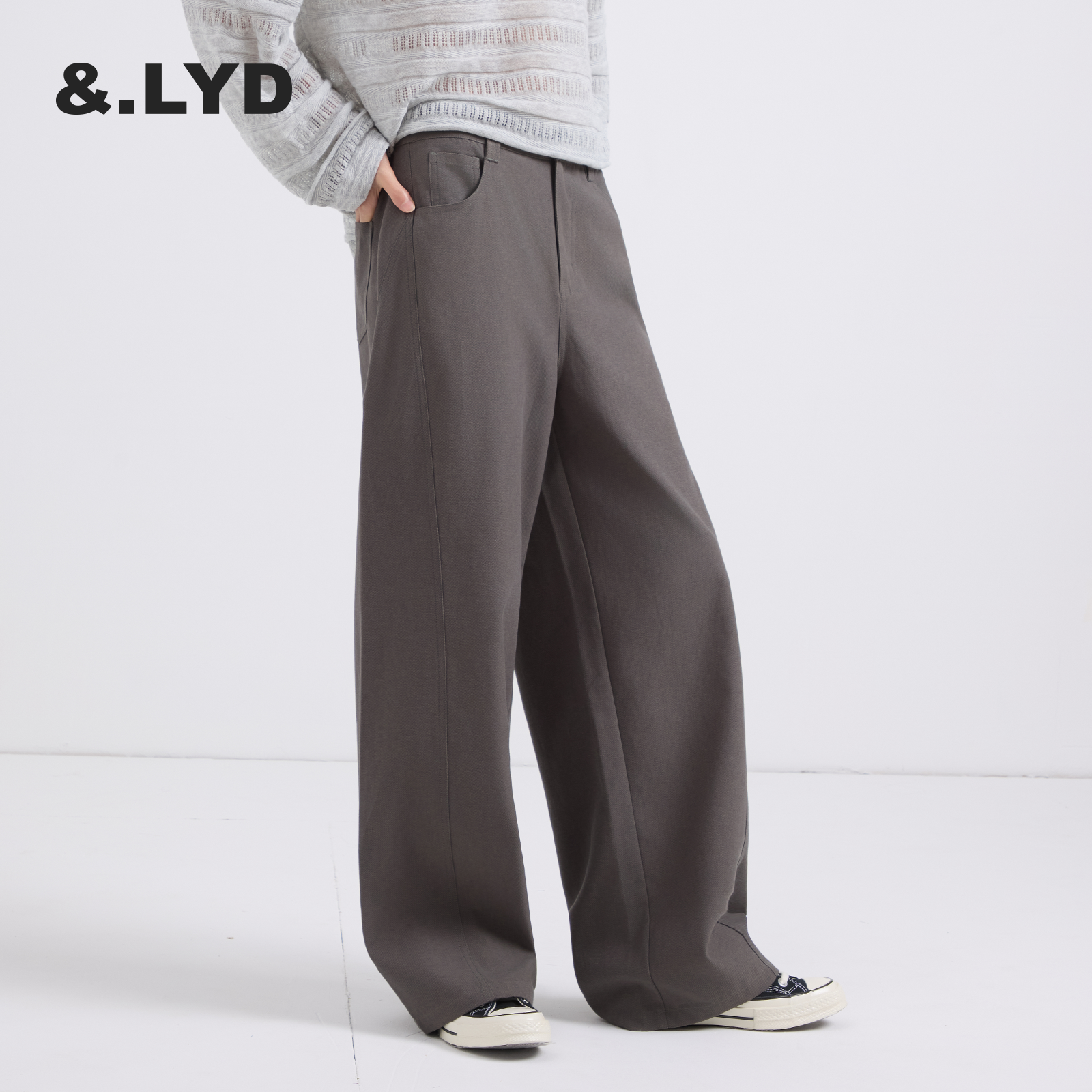 LYD白色梭织弯刀阔腿裤