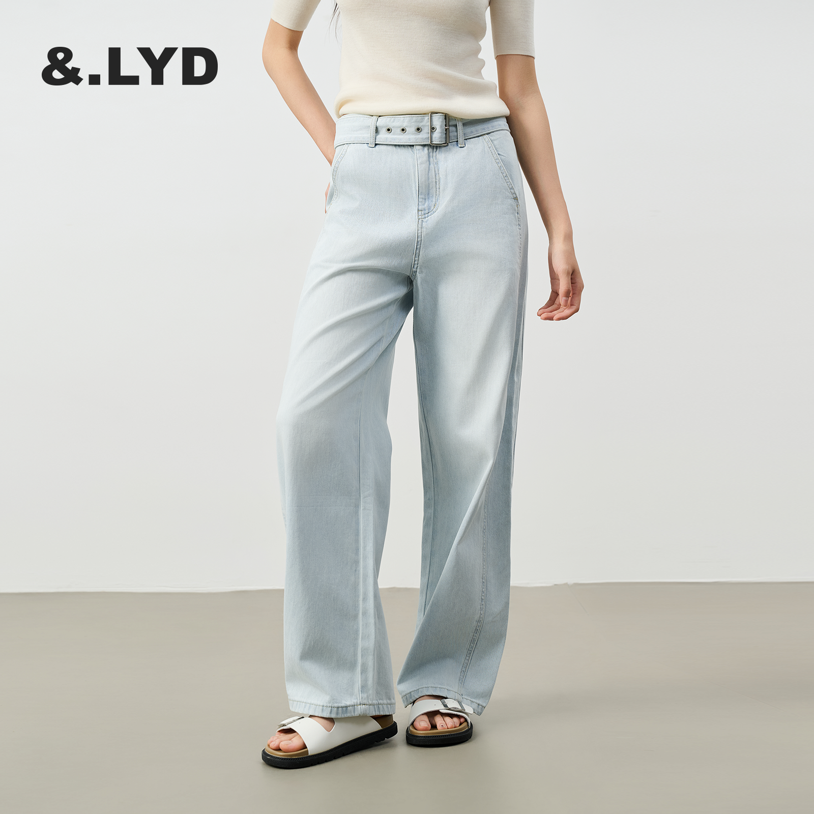 ANDLAYERED浅蓝色直筒牛仔裤女宽松2025秋季水洗裤子窄版阔腿长裤