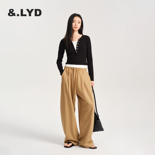 LYD高腰抽绳休闲宽松卡其阔腿裤