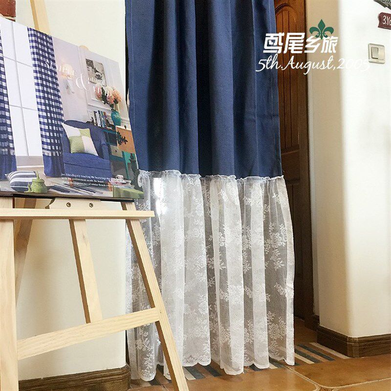 地中海美式臧蓝棉白蕾丝下摆门帘小窗帘柜门帘R棉打孔帘穿杆挂钩