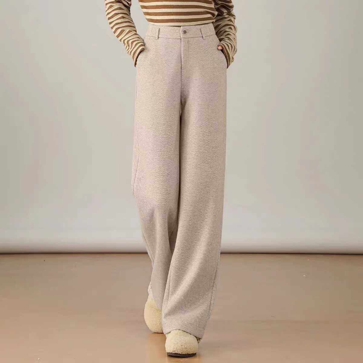 人字纹毛呢阔腿裤女高腰垂感糯米裤羊 毛直筒裤秋冬2024新款6308,女装/女士精品,休闲裤,淘宝优惠券,粉丝福利购,淘宝优惠卷