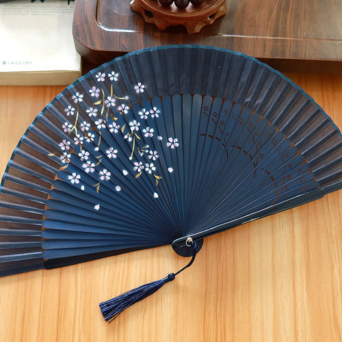 喷绘丝绸竹质易开合折扇送扇套