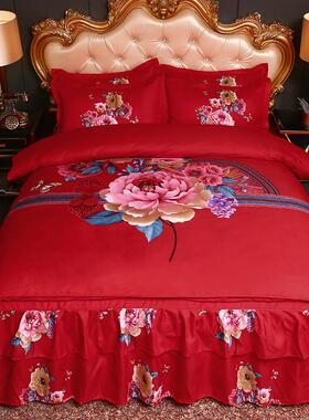 8dwl大红色结婚四件套韩版床裙春秋冬季囍子被套4件套新婚庆床上