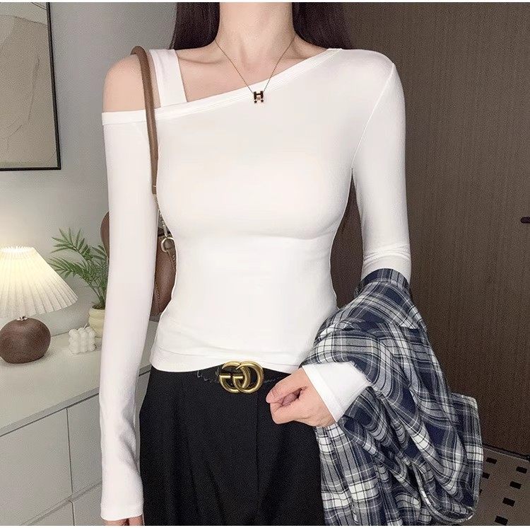 黑色露肩打底衫女秋冬长袖t恤