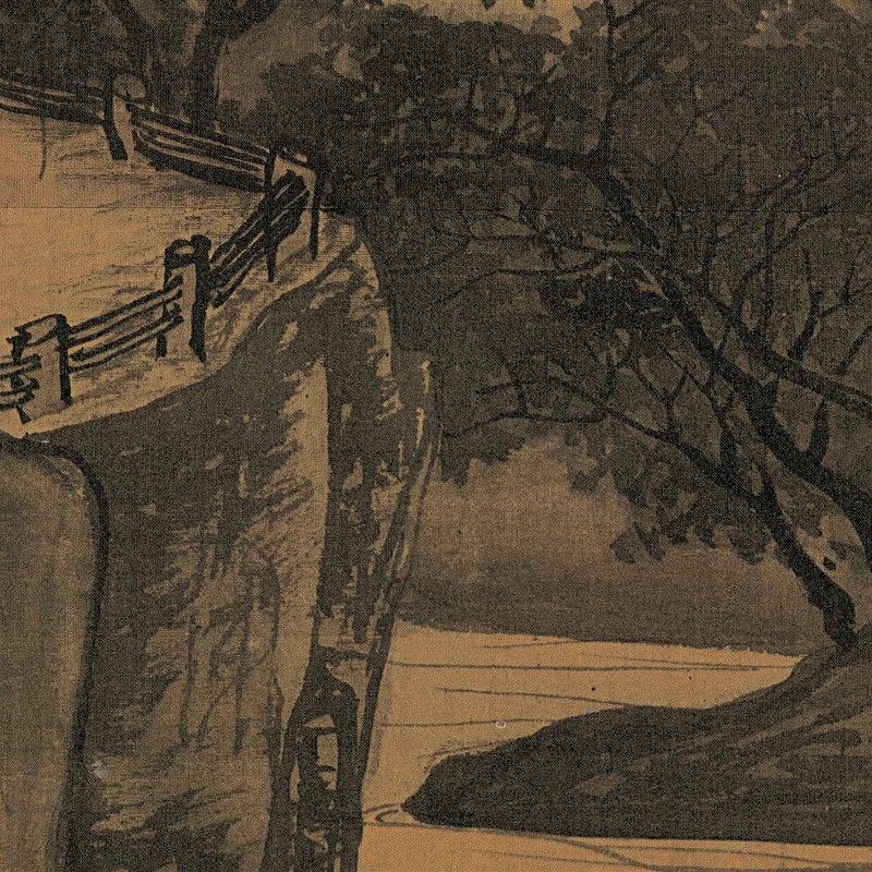 1:1原大明代 唐寅唐伯虎 山路松声图绢本M设色山水画高清微喷复制