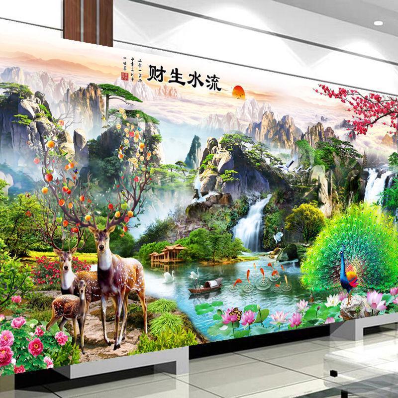 新款钻石画满钻流水生财风景山水画迎客松点贴钻十字绣钻石绣客厅