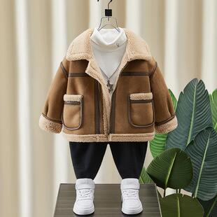男童加绒外套秋冬款2024新款洋气儿童冬季加厚皮毛一体羊羔绒上衣