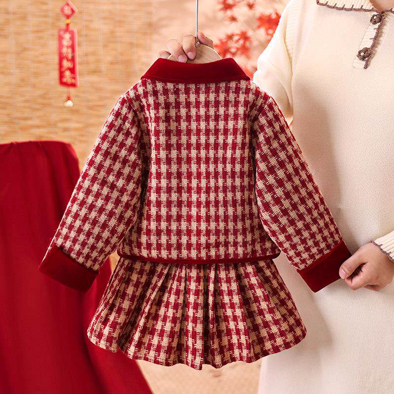 女童格子小香风套装2025秋冬季新款加绒蝴蝶结外套百褶裙拜年服潮