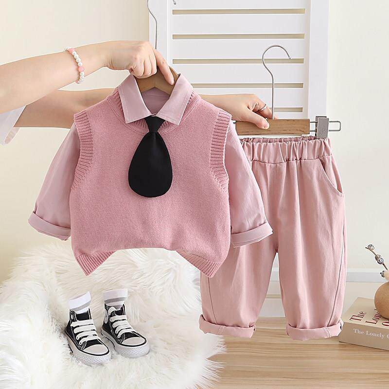 宝宝针织马甲套装秋款婴儿秋冬童装男童上衣裤子女童学院风三件套