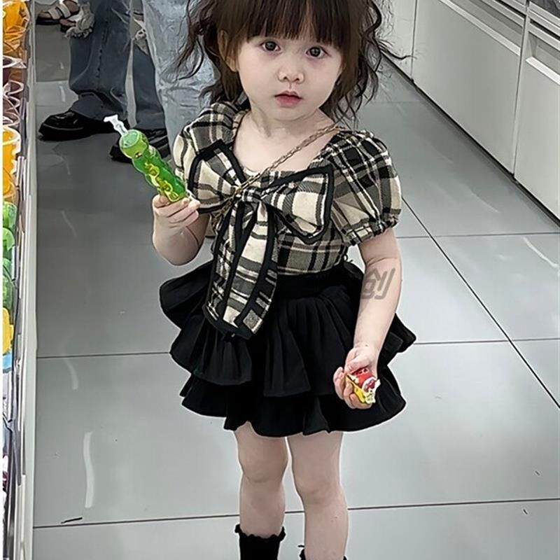 女孩甜美套装夏季2025新款儿童婴儿风格格纹蝴蝶结短袖百褶裤短裙