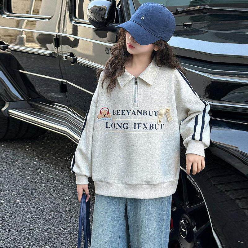 女童卫衣春秋款2025新款儿童洋气时髦翻领上衣春装女孩牛仔裤套装