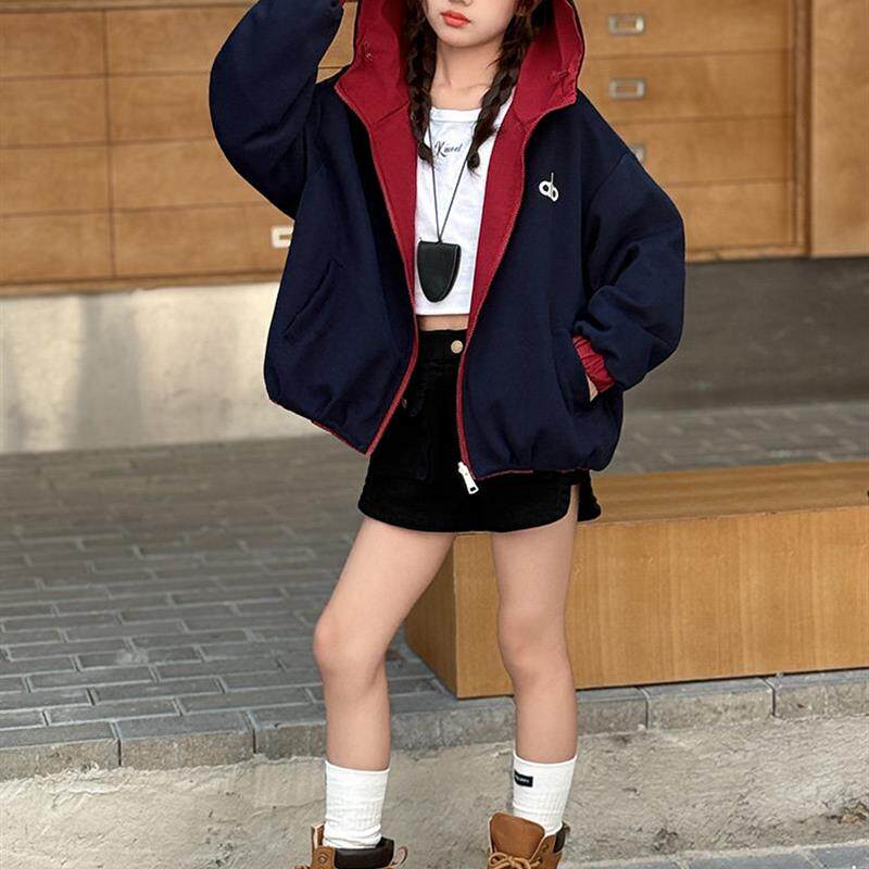 女童外套春秋款2025新款洋气儿童休闲秋季女孩韩版连帽两面穿夹克