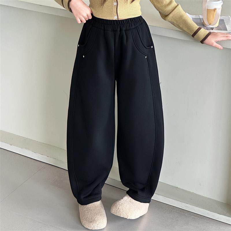 女童加绒加厚裤子儿童冬季2025新款女孩羊羔绒弯刀裤女大童卫裤冬