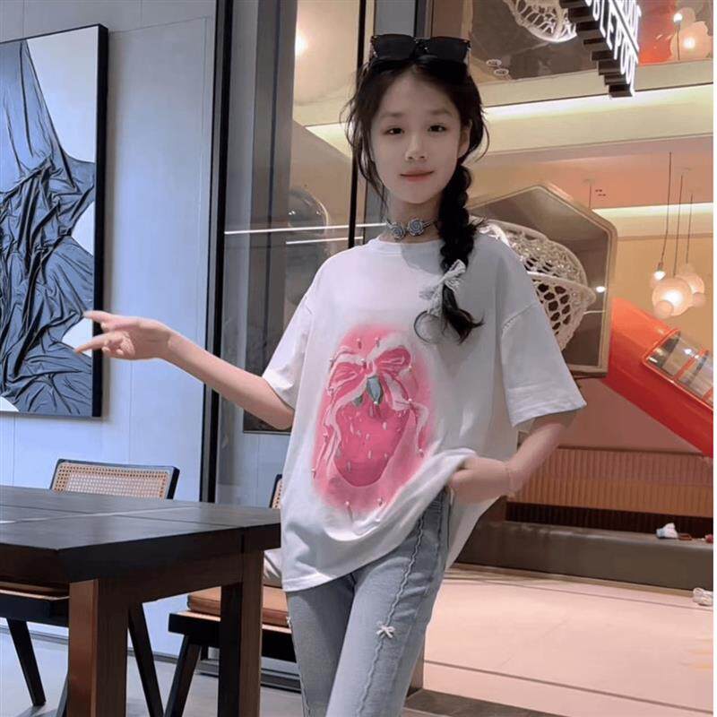 女童夏季套装2025新款洋派短袖T恤修身牛仔喇叭裤两件套女孩衣服