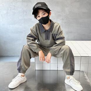 男童春装卫衣套装潮牌2025新款儿童拼接加绒运动服春秋冬季男孩潮