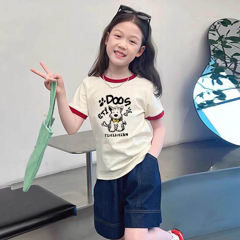 女童纯棉短袖T恤2025夏季新款儿童小狗上衣小女孩夏装拼色打底衫