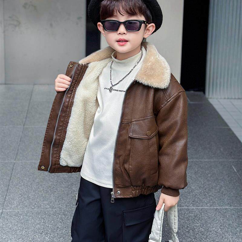 男童加绒皮衣外套2025秋冬季新款儿童加厚夹克宝宝工装裤子两件套