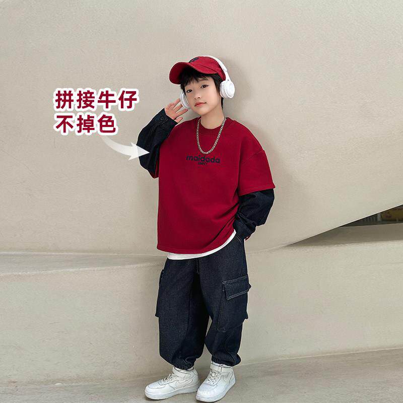 重磅加厚不加绒男童假两件卫衣秋冬款2025新款儿童红色年服上衣
