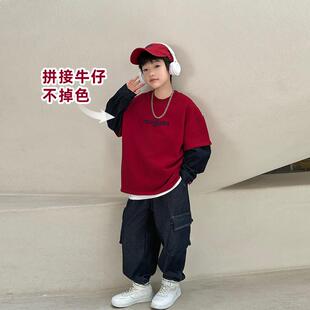重磅加厚不加绒男童假两件卫衣秋冬款2025新款儿童红色年服上衣