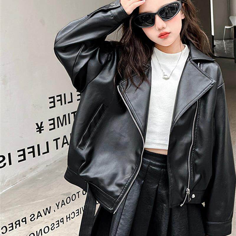 女童秋装皮衣外套2025春秋款洋气儿童女孩大童酷帅皮夹克加绒上衣