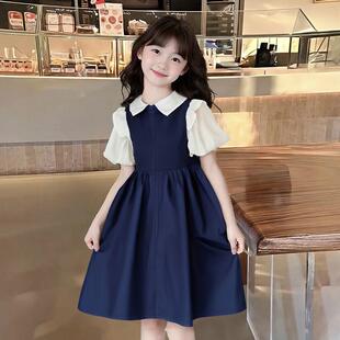 女童学院风连衣裙夏季洋气中大童校园风公主裙女孩拼接假两件裙子