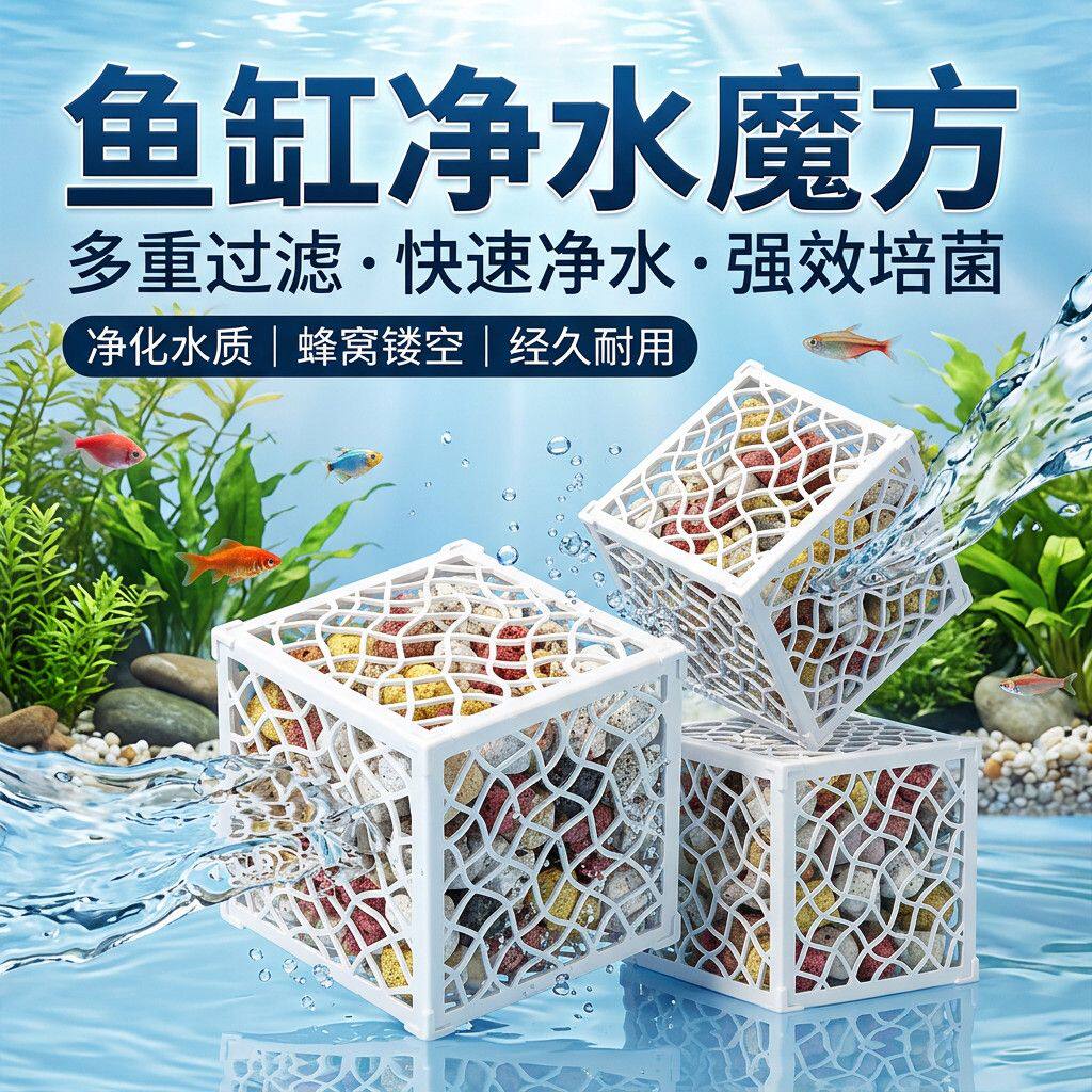 鱼缸过滤滤材盒净水魔方镂空收纳盒细菌屋放置盒净化水质去黄水