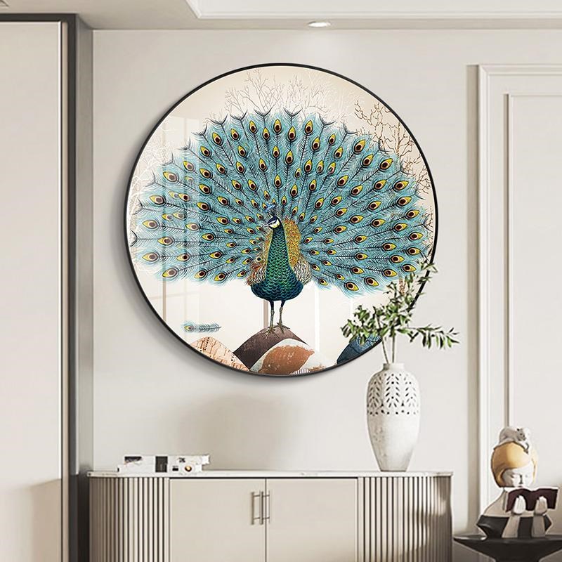 孔雀开屏新中式圆形m装饰画轻奢入户现代客厅餐厅壁画玄关走廊挂图片
