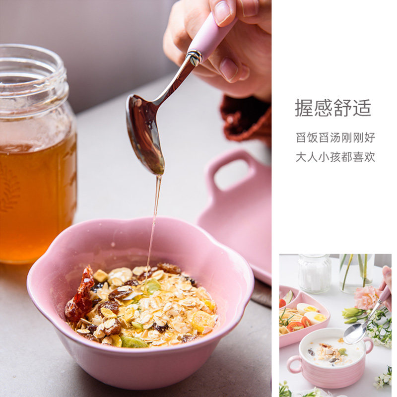 热销磨砂粉蓝绿白色勺子陶瓷柄不锈D钢刀叉勺筷 儿童西餐牛排3件
