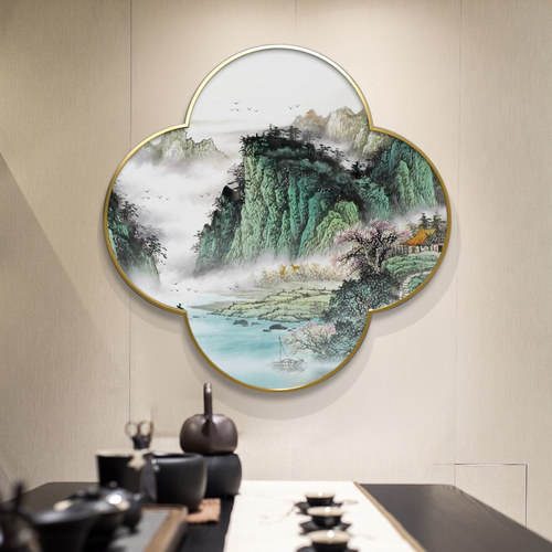 热销新中式挂画茶室山p水梅花壁画简约现代轻奢餐厅背景墙玄关晶