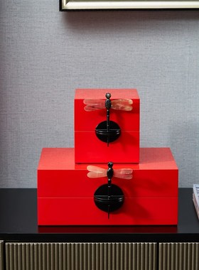 新中式现代样板房书房p玄关摆件木漆器孔雀绿牛角首饰盒收纳储物