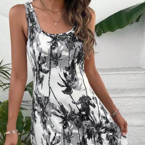 Printed Scoop Neck Wide Strap Mini Dress For Women Yog