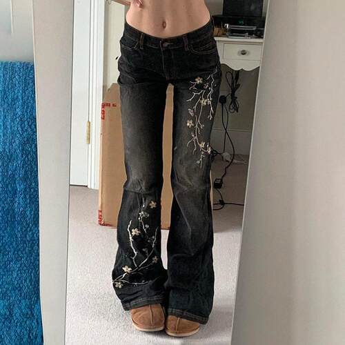 Womens Embroidered Bell Bottom Jeans Stretchy Flared F