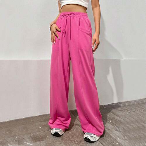 Womens Rose Red Sweatpants Jean With Pocket Smocked Waist