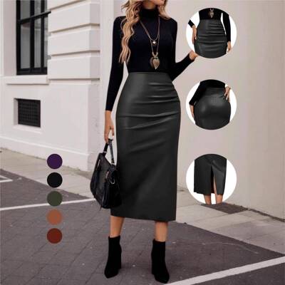 New Women ' s Pleated Plain High Waist Leather Skirt , Slim