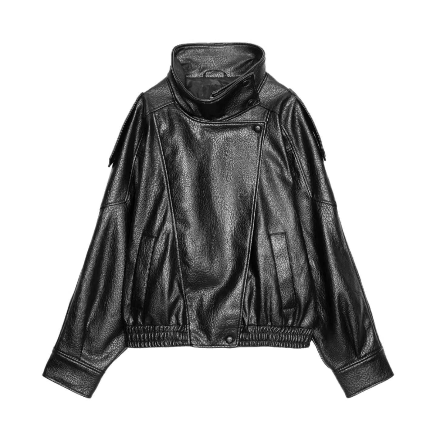 Women Faux Leather Jacket Black Stand Collar Oversized Elast图片
