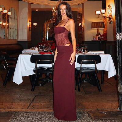 Adjustable Strap Side Cutout With Asymmetric Lace Slip Maxi