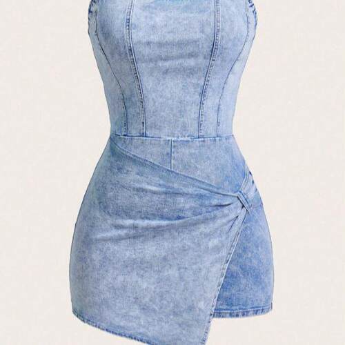 Women's Halter Waist Denim Skirt Pants, Asymmetrical Wrap Mi